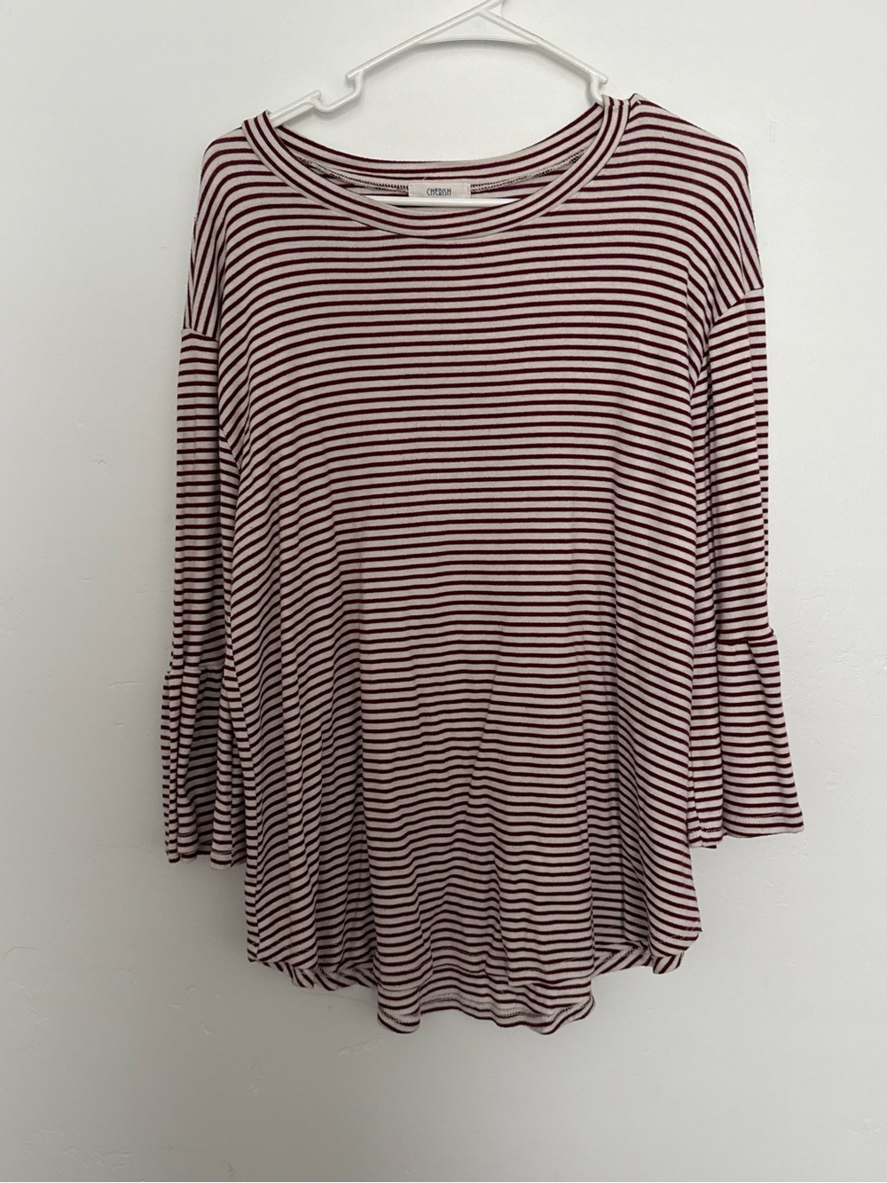 Cherish Burgundy and White Striped Bell-Sleeve Long Sleeve Top